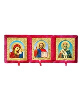 Бархатный складень тройной лик 10х12 Софрино арочный Б-223-6-К с золотым окладом, замочком и вышитым крестиком по средине, 39х15х6 см