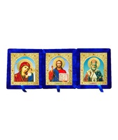 Бархатный складень тройной лик 10х12 Софрино арочный Б-223-6-С с золотым окладом, замочком и вышитым крестиком по средине, 39х15х6 см