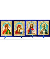 Бархатный складень четверной лик 15х18 Софрино арочный Б-214-6-С с золотым окладом, замочком и вышитым крестиком по средине, 72х21х6 см