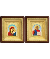 Венчальная пара Икона Спасителя и Казанской Божьей Матери 19-ВП-6 21х24 см деревянный прямой глубокий киот, лик 10х12 Софрино арочный, оклад (риза) золото