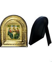 Икона Святой Троицы 32-ПЛ-60 15,5х17,5 см пластмассовый киот,  лик 10х12 Софрино цветная одежда, оклад (риза) золото