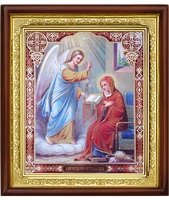 Икона Благовещение Пресвятой Богородицы 23-П-72 ( Двунадесятые праздники ) 25х29 см деревянный прямой киот, лик 20х24, оклад (риза) золото