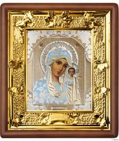 Казанская икона Божией Матери 31-П-7 24х27 см деревянный прямой киот, лик 15х18 Софрино белая одежда, оклад (риза) золото