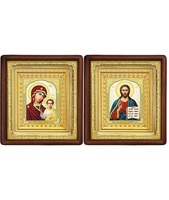 Венчальная пара Икона Спасителя и Казанской Божьей Матери 19-ВП-8 21х24 см деревянный прямой глубокий киот, лик 10х12 Тропарь, оклад (риза) золото
