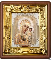 Икона Богородица Казанская 31-П-8 24х27 см деревянный прямой киот, лик 15х18 Софрино жёлтая одежда, оклад (риза) золото
