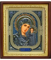 Икона Богородицы Казанской 23-П-88 25х29 см деревянный прямой киот, лик 20х24 Софрино узор, оклад (риза) золото