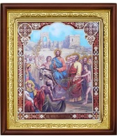 Икона Вход Господень в Иерусалим 23-П-73 ( Двунадесятые праздники ) 25х29 см деревянный прямой киот, лик 20х24, оклад (риза) золото