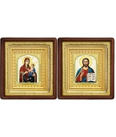 Венчальная пара Икона Спасителя и Иверская Божия Матерь 19-ВП-9 21х24 см деревянный прямой глубокий киот, лик 10х12 Тропарь, оклад (риза) золото