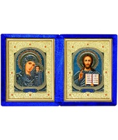 Бархатный складень невынимающийся лик 15х18 Софрино узор Б-20-1-С c золотым окладом, замочком и вышитым крестиком по средине, 25х28х6 см  