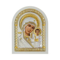 Икона Казанская БМ, белая арочная рамка, посеребренная, с позолотой